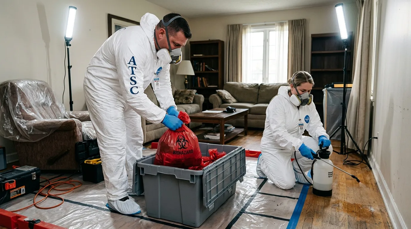 Professional Hoarding Cleanup technician in full PPE working in Lake Zurich